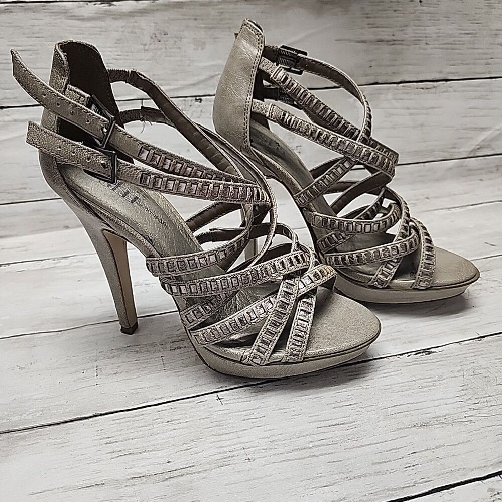 Shi by J Women’s Sz 6.5 Metallic Strappy Cage Platform Stiletto Sandals 5" Heels